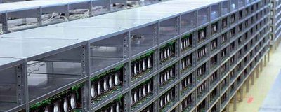 High-tech Bitcoin mining farm with rows of ASIC miners operating at full capacity